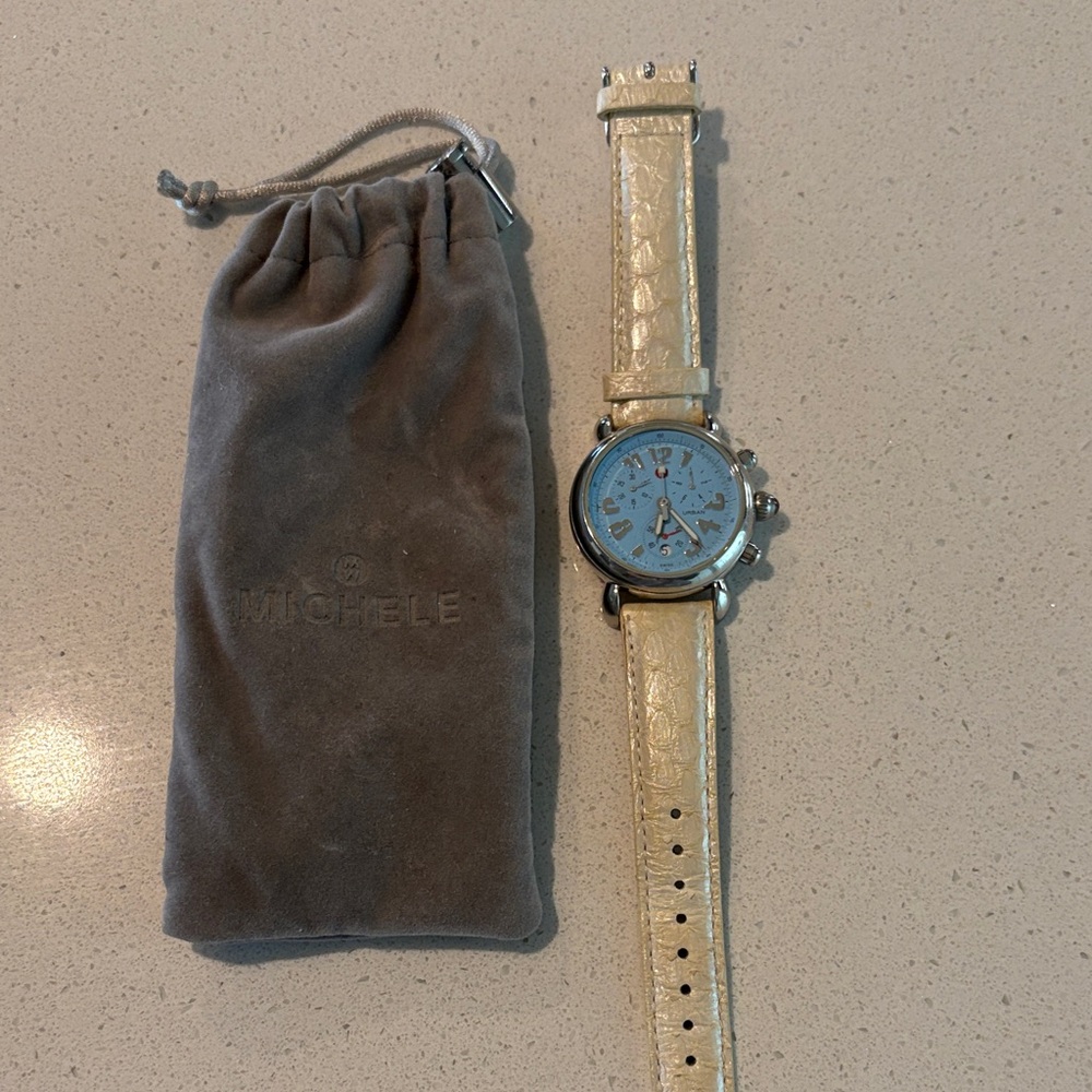 Michele Ivory Leather Strap Chronograph Watch with Light Blue Dial